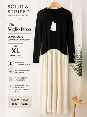 Solid & Striped The Soglio Dress XL Black Ecru Colorblock Maxi NWT $448